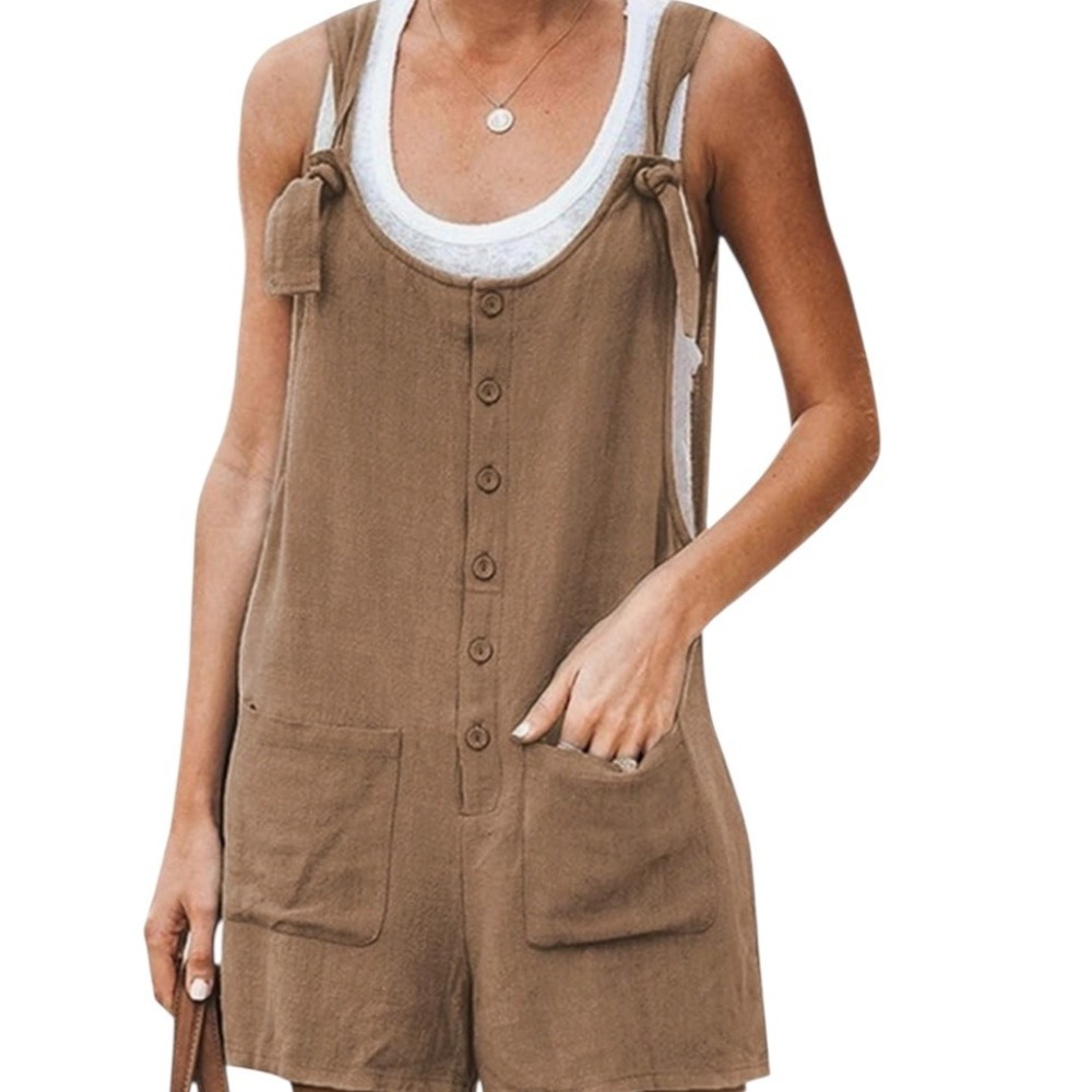 NEW Yeokou Linen Blend Gauze Shortalls Romper Shorts Sz XXL Tan NWT‎